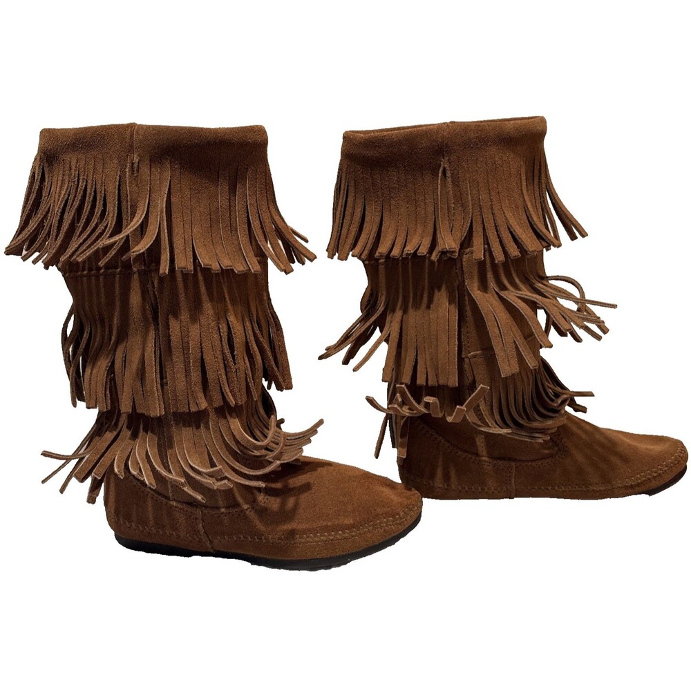 Minnetonka Leather Suede 3-Layer Fringe Moccasin Boots Womens sz 6 Brown 1638